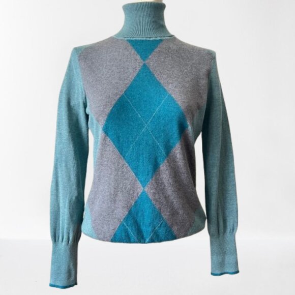 Y2K Argyle Turtleneck Sweater – Teal & Gray Cotton, Preppy Retro- Not worn - Picture 4 of 13